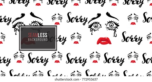 Sorry. Beautiful woman cry and tears vector emoticons, emoji, smiley icons, characters. Fashion illustrated women's emotional faces seamless pattern.