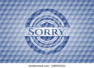 Sorry blue badge with geometric background.