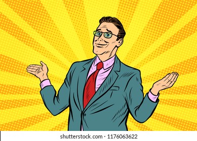 Sorry businessman spread his hands. Pop art retro vector illustration vintage kitsch