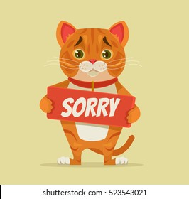 Sorry cat character hold apology plate. Vector flat cartoon illustration