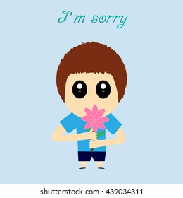 I'm sorry design card . Hand drawn cartoon with flower. Conceptual lettering. Vector illustration. EPS10