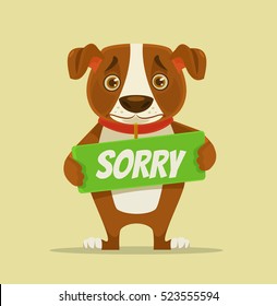 Sorry Dog Character Hold Apology Plate. Vector Flat Cartoon Illustration