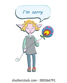 Sorry - Elf with big ear holding a flower. Speech bubble with the text word sorry.Fairy cartoon character. Sad elf with speech bubble. Apologize card. Vector illustration. Isolated on white.Eps 10