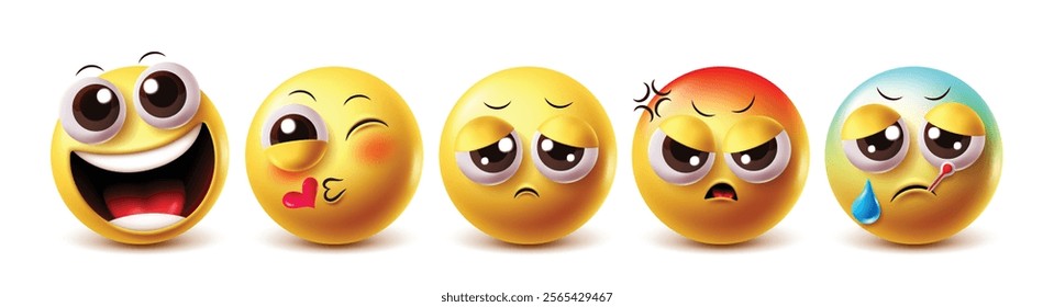 Sorry emoji vector characters set. Clipart emojis in funny, in love, kiss, unhappy, angry and sick facial expressions graphic elements. Vector illustration sad clip art emoji collection set.
