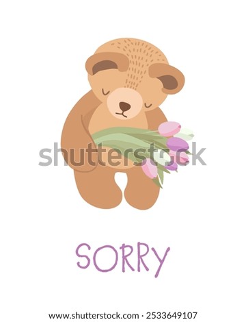 Sorry emotion. Teddy bear feeling really sorry. Apologize card.