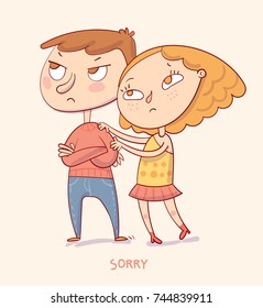 Sorry. Girl trying to apologize say sorry to her boyfriend. Funny cartoon character. Vector illustration. Isolate background