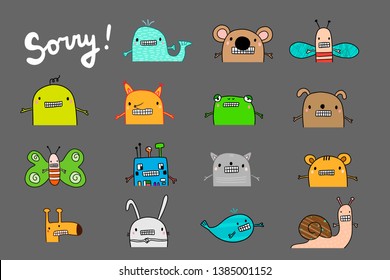 Sorry hand drawn set with different animals and creatures on grey font cartoon minimalism