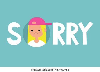 Sorry illustrated sign. Young teenage girl says "Sorry" / Flat vector editable illustration