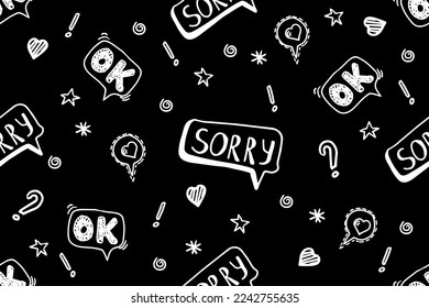 Sorry inscription, slogan or quote, vector electric, networking internet concept, error. White text illustration pattern design with black background for fashion, t shirt, clothes, prints, poster