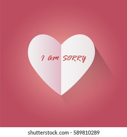 I am sorry lettering in White heart shape vector icon . Simple love symbol. Valentine's Day sign, emblem isolated on red background with long shadow, for graphic and web design, logo.