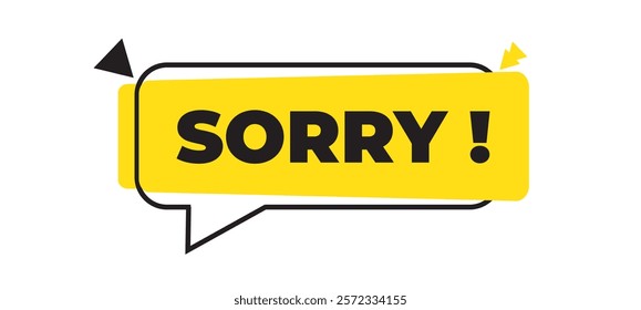 SORRY !! Logotype graphic. Trendy minimal design featuring the word "SORRY" within a speech bubble symbol on a vibrant yellow background.