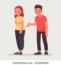 Sorry. The man apologizes to the offended woman. Relationships. Vector illustration in a flat style