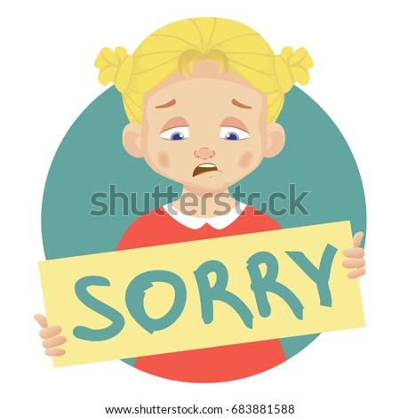 I am sorry message on white background. Sad girl holding poster with word Sorry. Conceptual handwritten message.