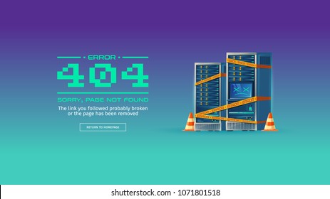 Sorry, page not found, 404 error vector concept illustration. Website is on maintenance or under construction, homepage is broken. Blue cartoon background with server equipment and yellow warning tape