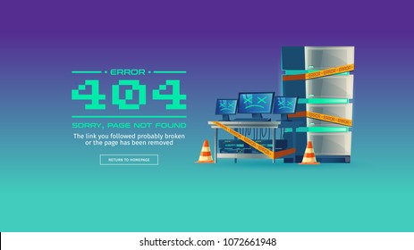 Sorry, page not found, 404 error vector concept illustration. Website is on maintenance or under construction, homepage is broken. Blue cartoon background with server equipment and yellow warning tape