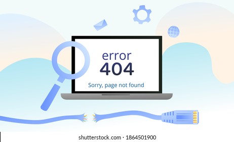 Sorry, page not found, 404 error, no internet connection, broken network cable. Laptop monitor on modern background, internet icon design, setting, search.