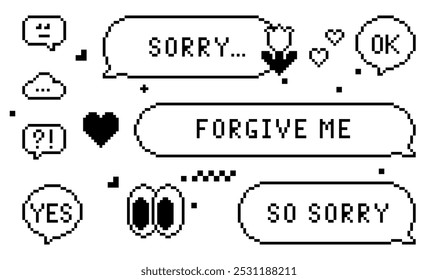 Sorry pixel icons set. Apologize quotes. Y2k sticker collection. Forgive me. Speech bubbles. Vector black elements. Game abstract element. Retro trendy brutal style. Modern shape for collage, poster