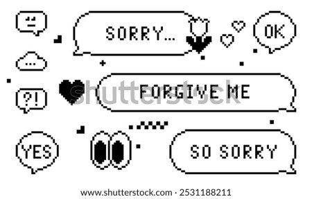 Sorry pixel icons set. Apologize quotes. Y2k sticker collection. Forgive me. Speech bubbles. Vector black elements. Game abstract element. Retro trendy brutal style. Modern shape for collage, poster