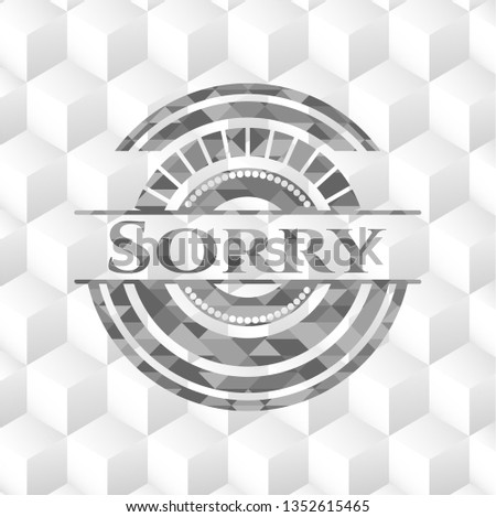 Sorry realistic grey emblem with geometric cube white background