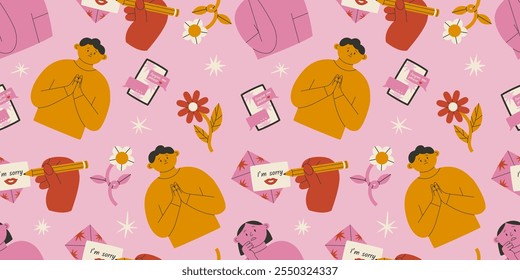 Sorry seamless pattern. Apologizing man, flowers, phones, and hand writing a letter. Flat vector illustration.