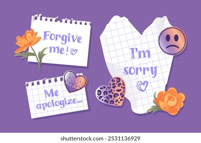 Sorry sign. Notes with apologies and flowers. Collage, torn sheets, notebook. Metallic holographic Y2k stickers emoticons in 2000s style. Aesthetics 90s, 00s. Vector illustration, realistic style