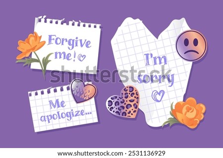 Sorry sign. Notes with apologies and flowers. Collage, torn sheets, notebook. Metallic holographic Y2k stickers emoticons in 2000s style. Aesthetics 90s, 00s. Vector illustration, realistic style