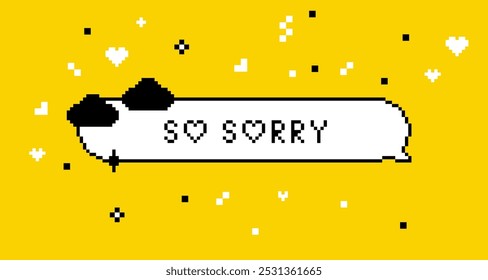 Sorry. Speech bubble with text So Sorry in pixel art. Apologize message, chat. Y2k sticker. Game abstract vector element. Modern shape for collage, poster. Retro trendy style background. Mood of 90's