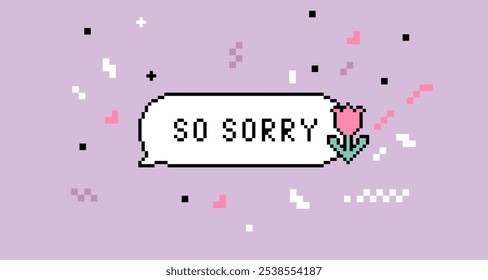 Sorry speech bubble. Y2k sticker in pixel art. Forgive me concept. 8 bit retro style vector background. Simple geometric form. Apologize sign. Game abstract element