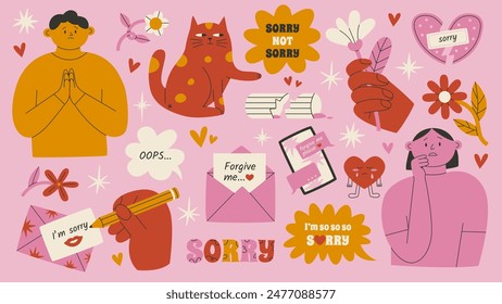 Sorry sticker set. Apologizing people, flowers and letters. Flat vector illustration isolated on white background.