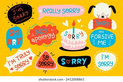 Sorry stickers set, apologize quotes vector collection. Set of hand drawn cute vector illustrations on yellow background.