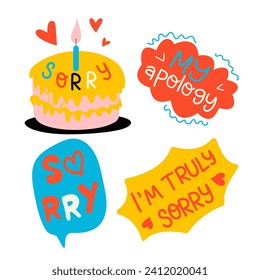 Sorry stickers set, apologize quotes vector collection. Set of hand drawn cute vector illustrations on white background.