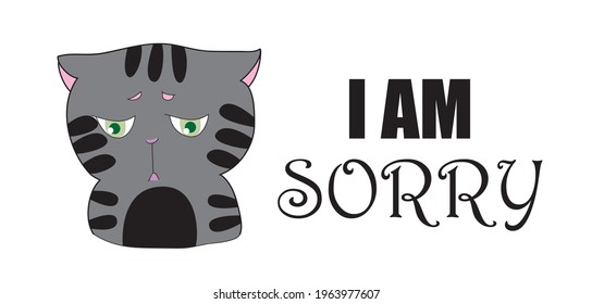 I am Sorry text typography with sad cat illustration in monochrome color. 