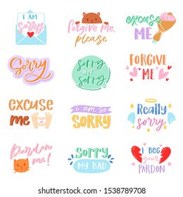 Sorry text vector excuse lettering design forgiveness message apologize typography script illustration typographic apologizing pardon set of isolated on white background.