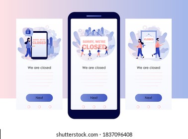 Sorry we are closed - big sign. Bankrupt business. Closed establishments, cafe, shop, store, salon through crisis, quarantine. Screen template for mobile smart phone. Modern flat cartoon style. Vector