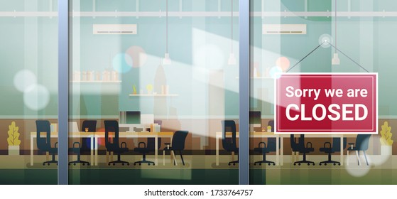sorry we are closed sign hanging outside office window coronavirus pandemic quarantine bankruptcy commerce crisis concept horizontal vector illustration