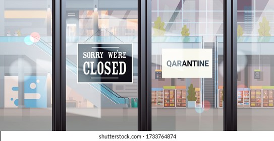 sorry we are closed sign hanging outside shopping mall entrance coronavirus pandemic quarantine bankruptcy commerce crisis concept retail store interior horizontal vector illustration