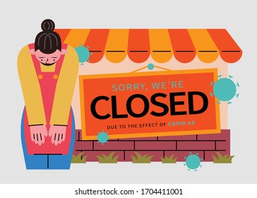 Sorry we are closed sign for stores or business, designed with a young clerk bowing to express sincere apology for the inconvenience