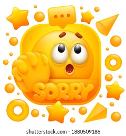 Sorry web sticker. Yellow emoji character in 3d cartoon style. Social media icon. Vector illustration