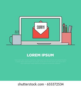 'Sorry' written in envelope on monitor of notebook, pencils and cup of coffee near. Thin line vector concept of apologizing from internet shop.
