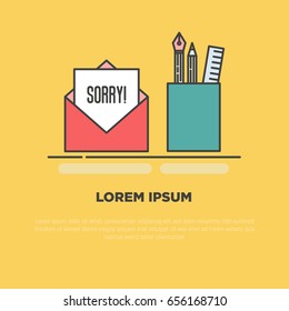 'Sorry' written in envelope with pen and pencils near. Thin line vector illustration concept of apologizing. 