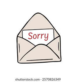 "Sorry" written inside envelope, apology card, colorful doodle illustration for social media apps, stickers, postcards 