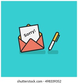 'Sorry' Written Inside An Envelope Letter With Pen On Side (Line Icon in Flat Style Vector Illustration Design)