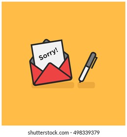 'Sorry' Written Inside An Envelope Letter With Pen On Side (Line Icon in Flat Style Vector Illustration Design)