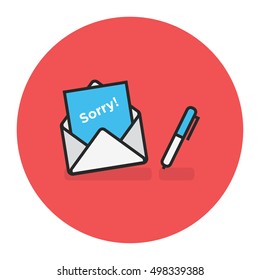 'Sorry' Written Inside An Envelope Letter With Pen On Side (Line Icon in Flat Style Vector Illustration Design)