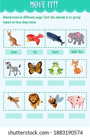Sortieren Sie das Tier in die Gruppe, je nachdem, wie es das Arbeitsblatt für Kindergartengrafik bewegt