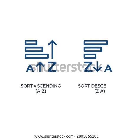 sort, ascending, descending, filter, organize, arrange, order, alphabet, a to z, z to a, list, data, ui, app, interface, icon, vector, navigation, menu, database, management, sorting, web, isolated, minimal