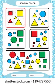 Ordenar por color. Ordenando juego. Agrupa por color: verde, rojo, amarillo y azul. Sínter especial para niños en edad preescolar. Hoja de trabajo para la práctica de motos finas. Mejorar las tareas de habilidades. A4. azul