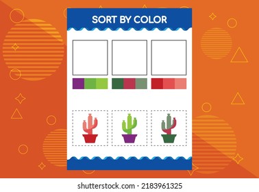 Sort by color worksheet for kids. Good for school and kindergarten projects. Educational worksheet.