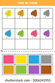 Sort by colors. Cartoon colorful leaves. Learning basic colors for kids.