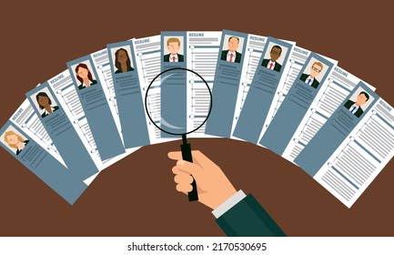 Sort by looking at multiple resumes with a magnifying glass. Job hunting, job hunting. An illustration.